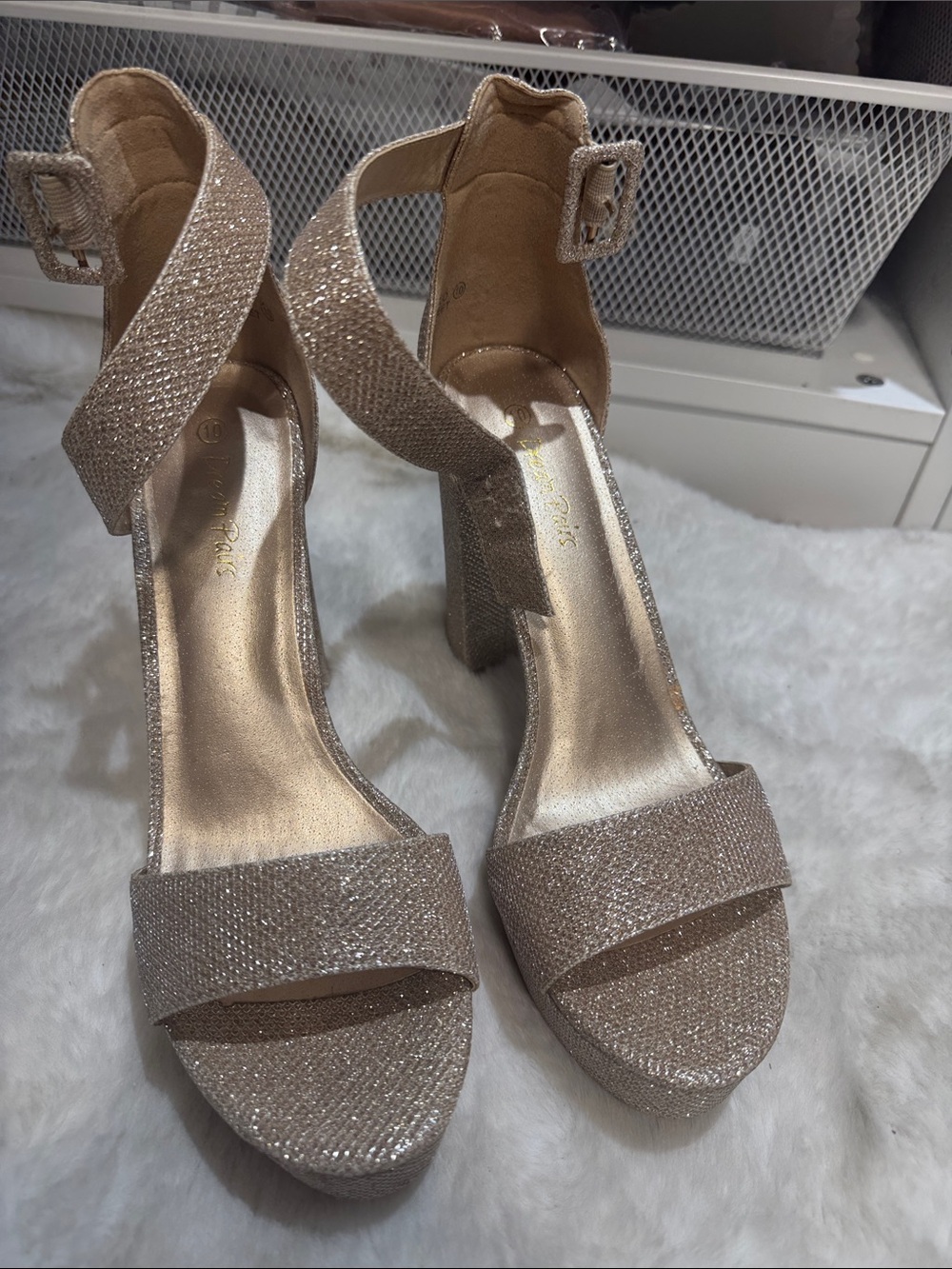 Sparkle Ankle-Strap High Heel Sandals in Champagne